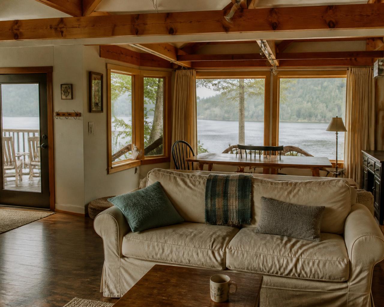 Cabin living room looking out over the lake